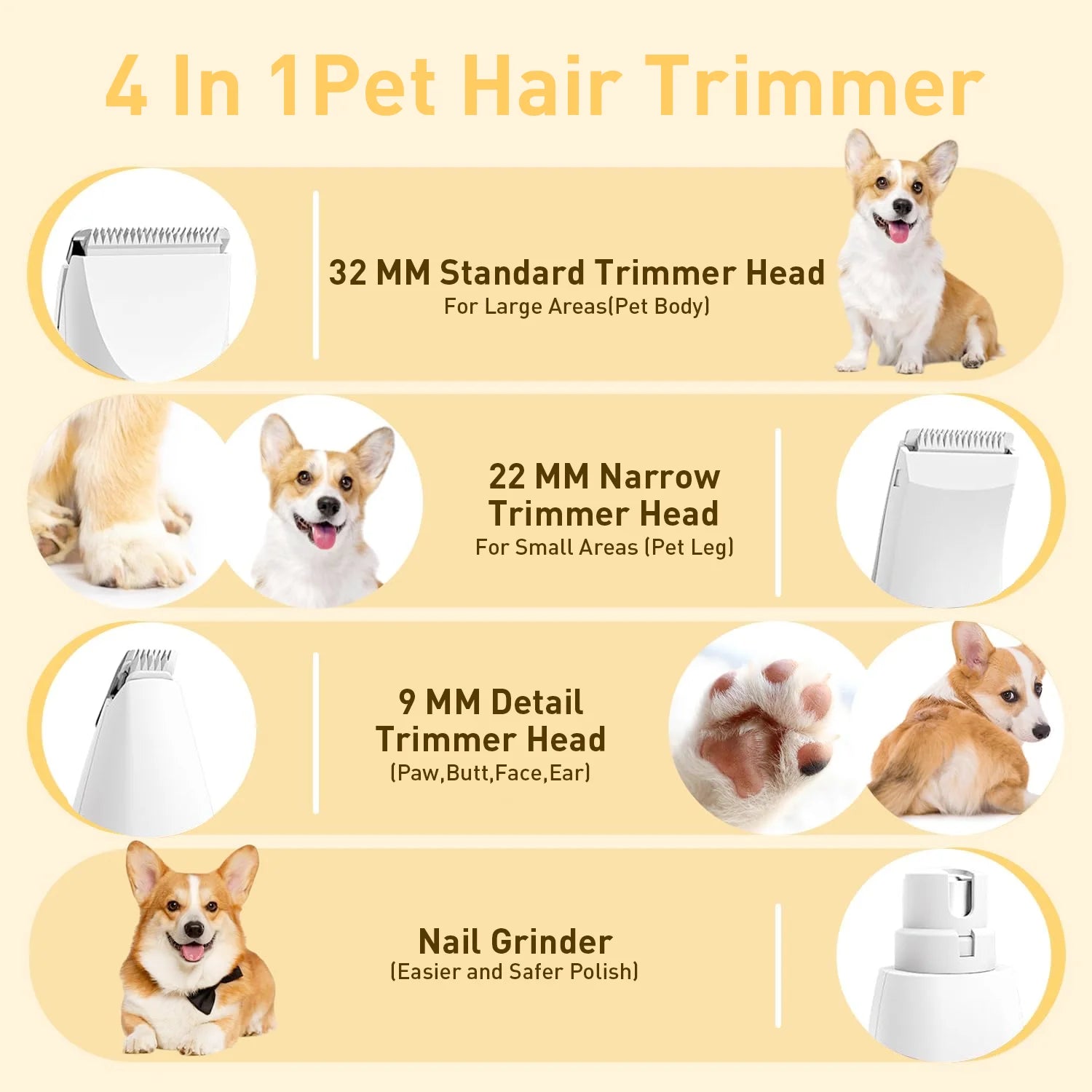 4-in-1 Cordless Pet Grooming Kit for Dogs & Cats – Clippers & Nail Grinder for Hair, Nails, Paws, Face & Ears