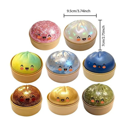 Glitter-filled bun squishy toy for squeezing and sensory relaxation