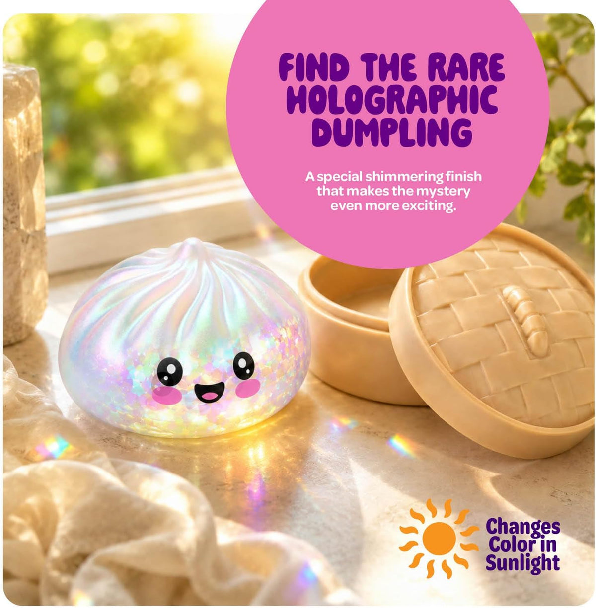 Color-changing dumpling squishy toy displayed with its reusable mystery case