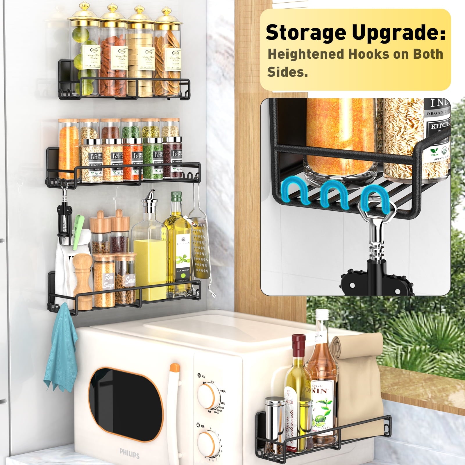 4-Pack Black Magnetic Spice Racks for Refrigerator & Oven, Metal Storage Shelves with Strong Magnets for Seasoning Organization