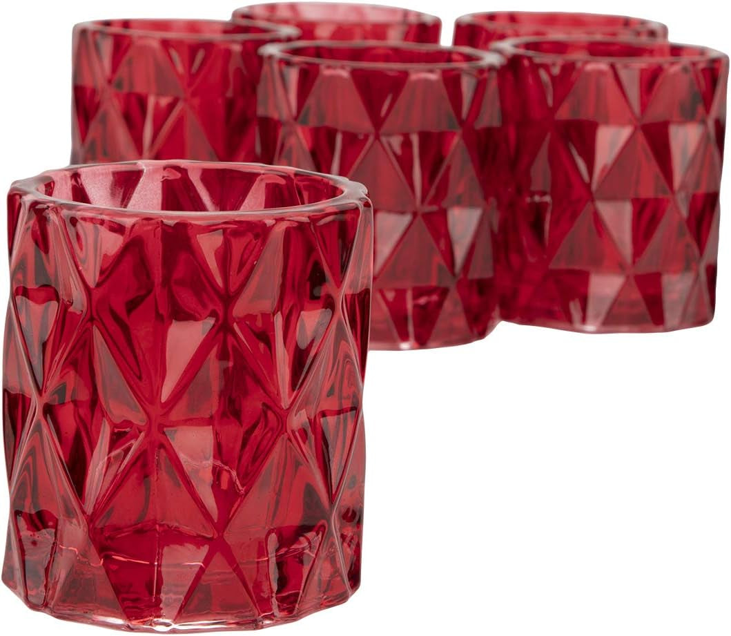 Set of 6 Red Glass Votive Candle Holders, 3" Tall Multifaceted Tealight Holders for Valentine's & Galentine's Day Decor