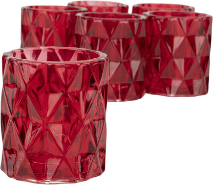 Set of 6 Red Glass Votive Candle Holders, 3" Tall Multifaceted Tealight Holders for Valentine's & Galentine's Day Decor