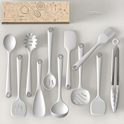 Silicone Kitchen Utensil Set, 600°F Heat Resistant Tools for Nonstick Cookware – Spatula, Spoon, Whisk, Tongs, Dishwasher Safe, BPA-Free (Cream White)