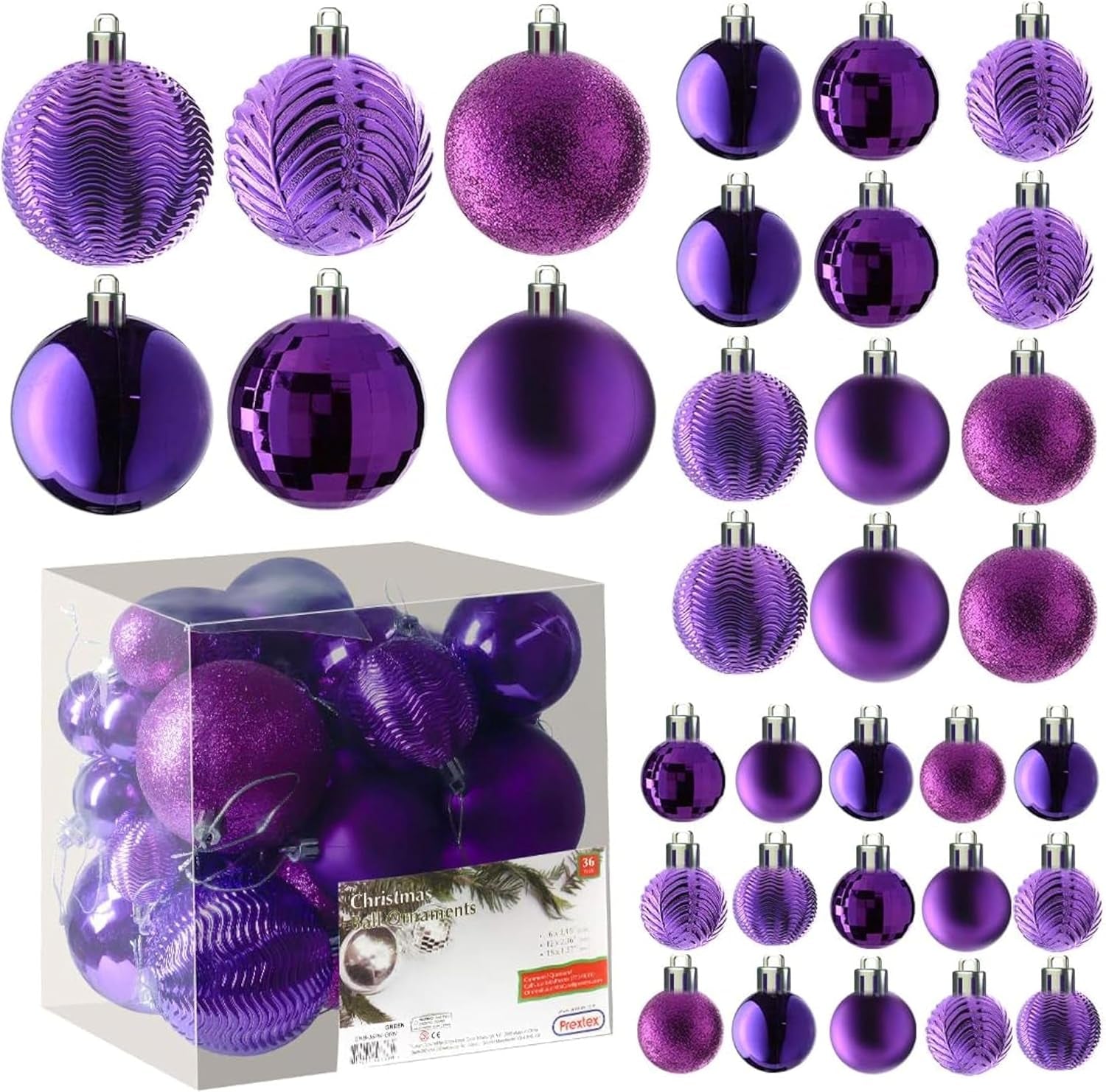  36-Piece Shatterproof Green Christmas Ornaments – 3 Sizes, 6 Styles with Hanging Loops for Tree, Wreath & Holiday Decor