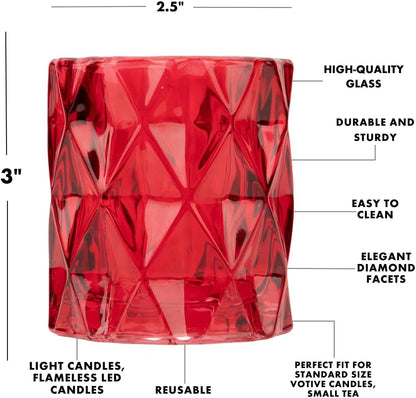 Set of 6 Red Glass Votive Candle Holders, 3" Tall Multifaceted Tealight Holders for Valentine's & Galentine's Day Decor