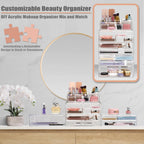 3 Piece Acrylic Makeup Organizer Set - Vanity Countertop Cosmetics and Jewelry Storage Case Display with 5 Easy Glide Drawers 16 Slot Top Tray