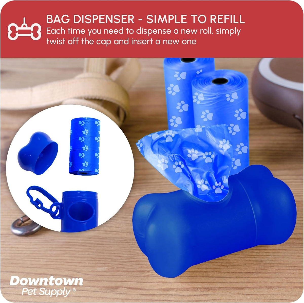 Rainbow paw print dog waste bag rolls with portable leash dispenser
