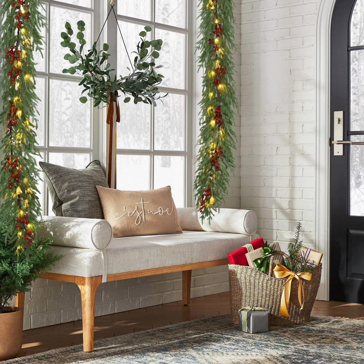 LED Christmas Norfolk Pine Garland Artificial Real Touch Garland for Mantle