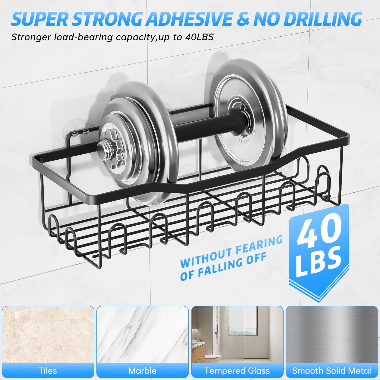 Shower Caddy, 5-Pack Adhesive Shower Shelves with 28 Hooks, 2 Soap Dishes & Tootbrush Shelf, Rustproof Stainless Steel Bath Organizers W/ Large Capacity, No Drilling Shelves for Bathroom Storage