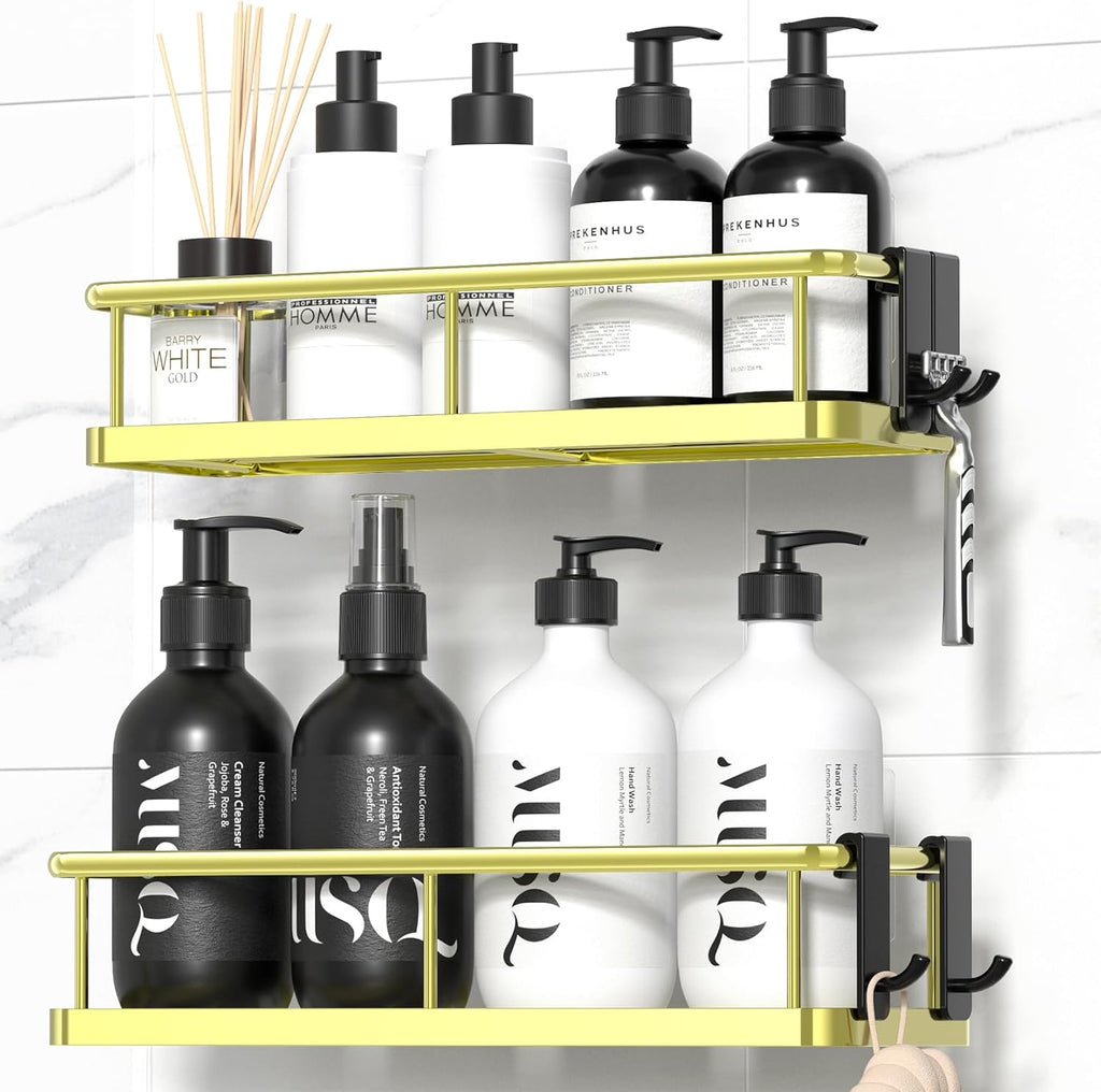 Adhesive Rustproof Shower Caddy with Removable Hooks, Large Capacity Bathroom Organizer, No-Drill Storage Shelf, Black