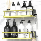 Adhesive Rustproof Shower Caddy with Removable Hooks, Large Capacity Bathroom Organizer, No-Drill Storage Shelf, Black
