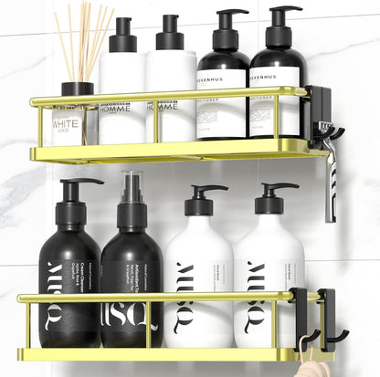 Adhesive Rustproof Shower Caddy with Removable Hooks, Large Capacity Bathroom Organizer, No-Drill Storage Shelf, Black