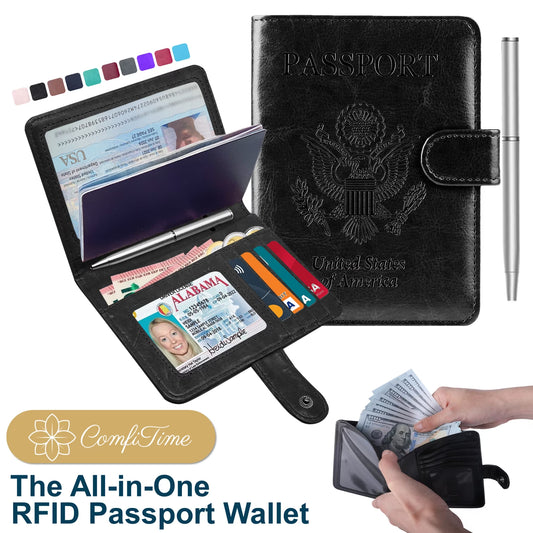 Passport Holder – RFID Blocking Travel Wallet with Cash & Vaccine Card Holder, Waterproof PU Leather Passport Case for Men & Women (Black)