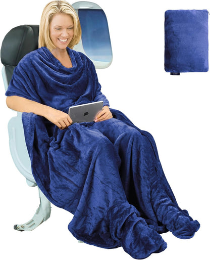 Travel Blanket Airplane Office Poncho 4 in 1 Premium Cozy Fleece Portable Poncho Blankets with Built-In Bag, Pocket