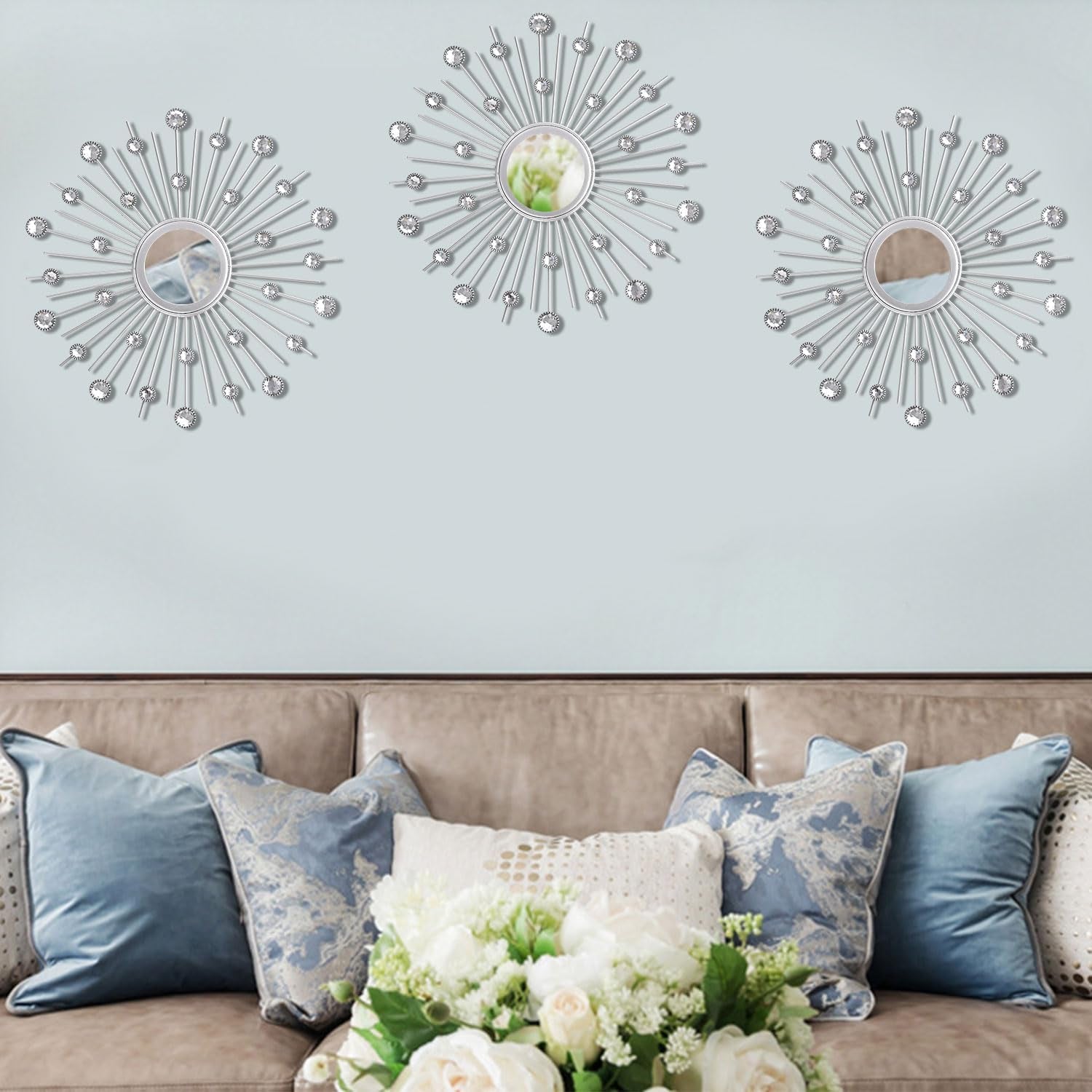 3-Pack Crystal Sunburst Wall Mirrors with Rhinestones, Silver Decorative Home Wall Art for Living Room, Bedroom & Entryway