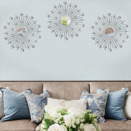 3-Pack Crystal Sunburst Wall Mirrors with Rhinestones, Silver Decorative Home Wall Art for Living Room, Bedroom & Entryway