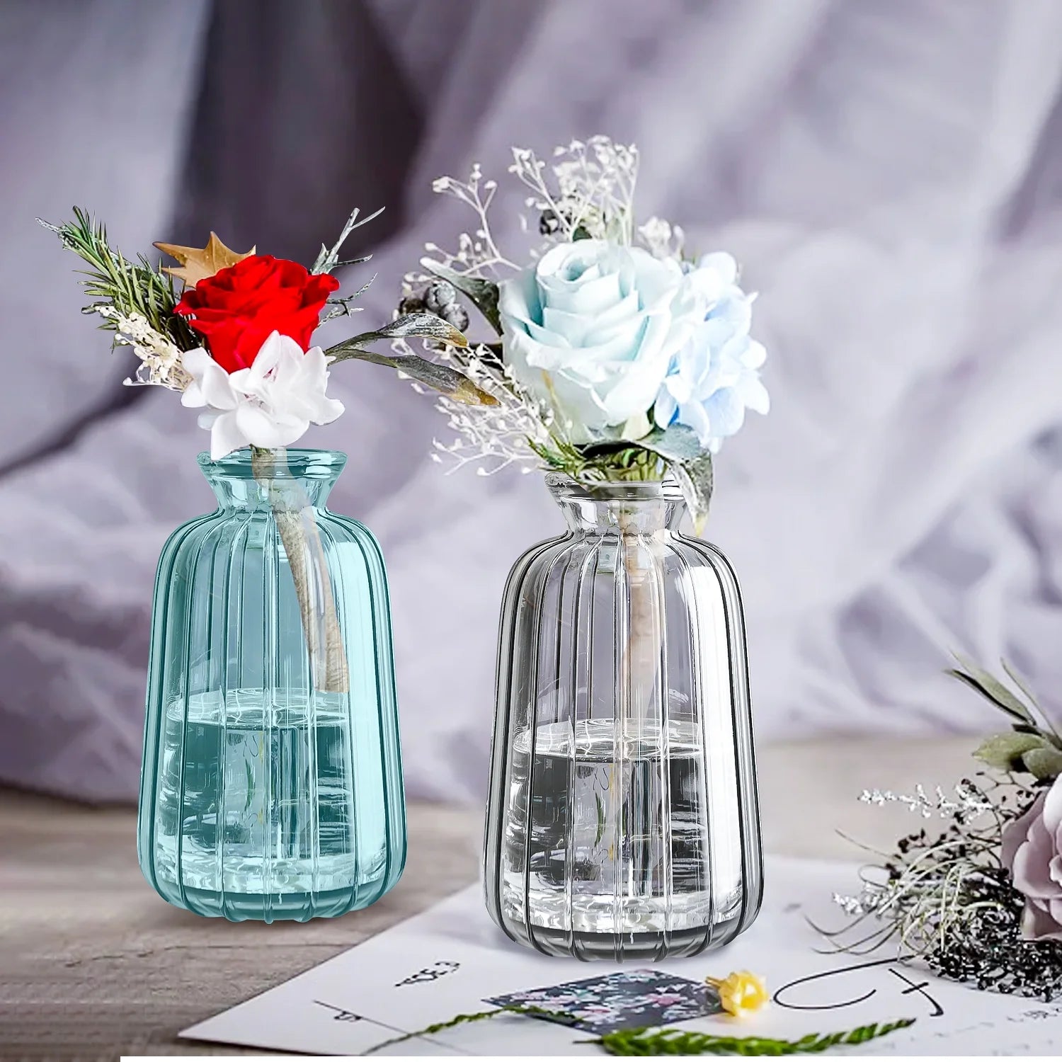 Colorful Glass Bud Vases Set, 3 Pack Small Ribbed Vase, Vintage Vases for Table Decorations, Wedding, Party, Receptions, Home Decor