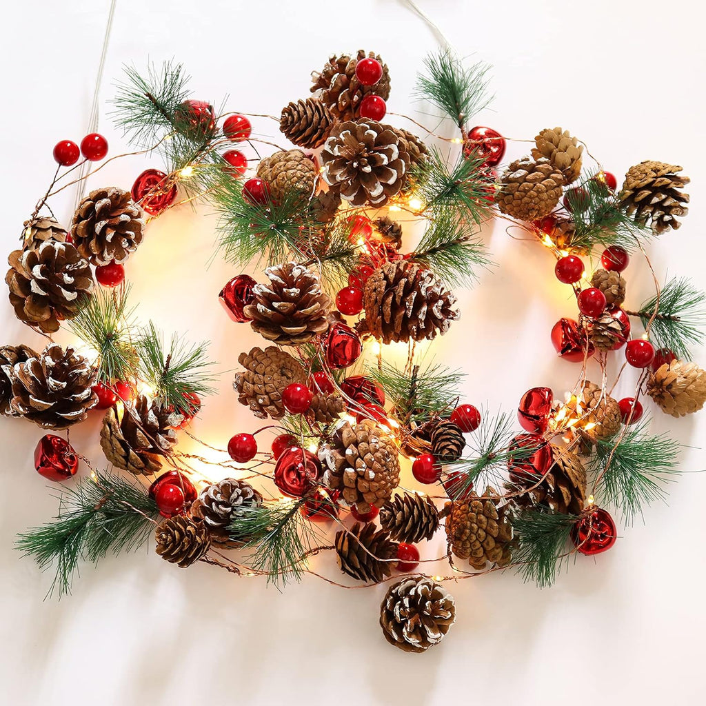 Casy Nest Christmas Garland Decoration with Lights, 7FT 20LED Pine Cone Red Berry Bell Battery Operated Christma String Light, Lighted up Pinecone Vine Indoor Outdoor Xmas Tree New Year Holiday Decor
