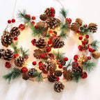 Casy Nest Christmas Garland Decoration with Lights, 7FT 20LED Pine Cone Red Berry Bell Battery Operated Christma String Light, Lighted up Pinecone Vine Indoor Outdoor Xmas Tree New Year Holiday Decor