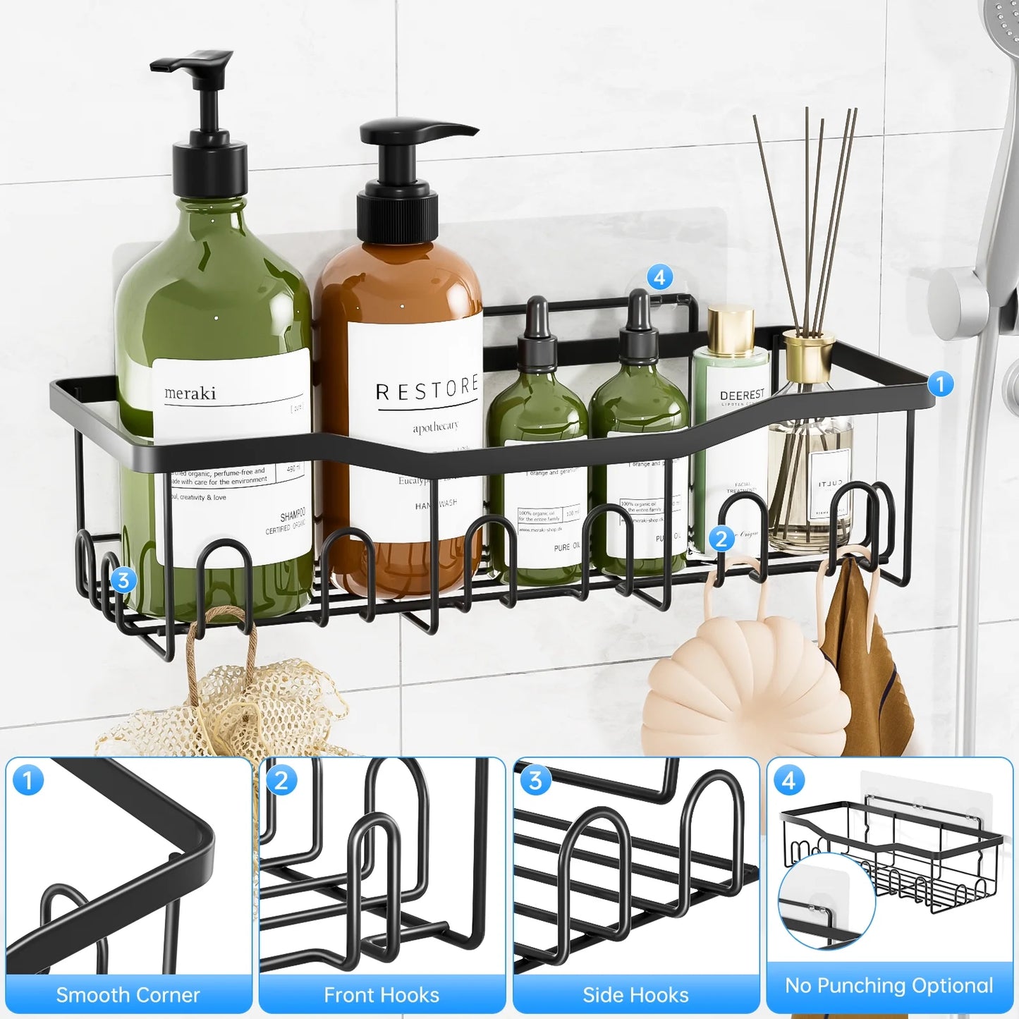 Shower Caddy, 5-Pack Adhesive Shower Shelves with 28 Hooks, 2 Soap Dishes & Tootbrush Shelf, Rustproof Stainless Steel Bath Organizers W/ Large Capacity, No Drilling Shelves for Bathroom Storage