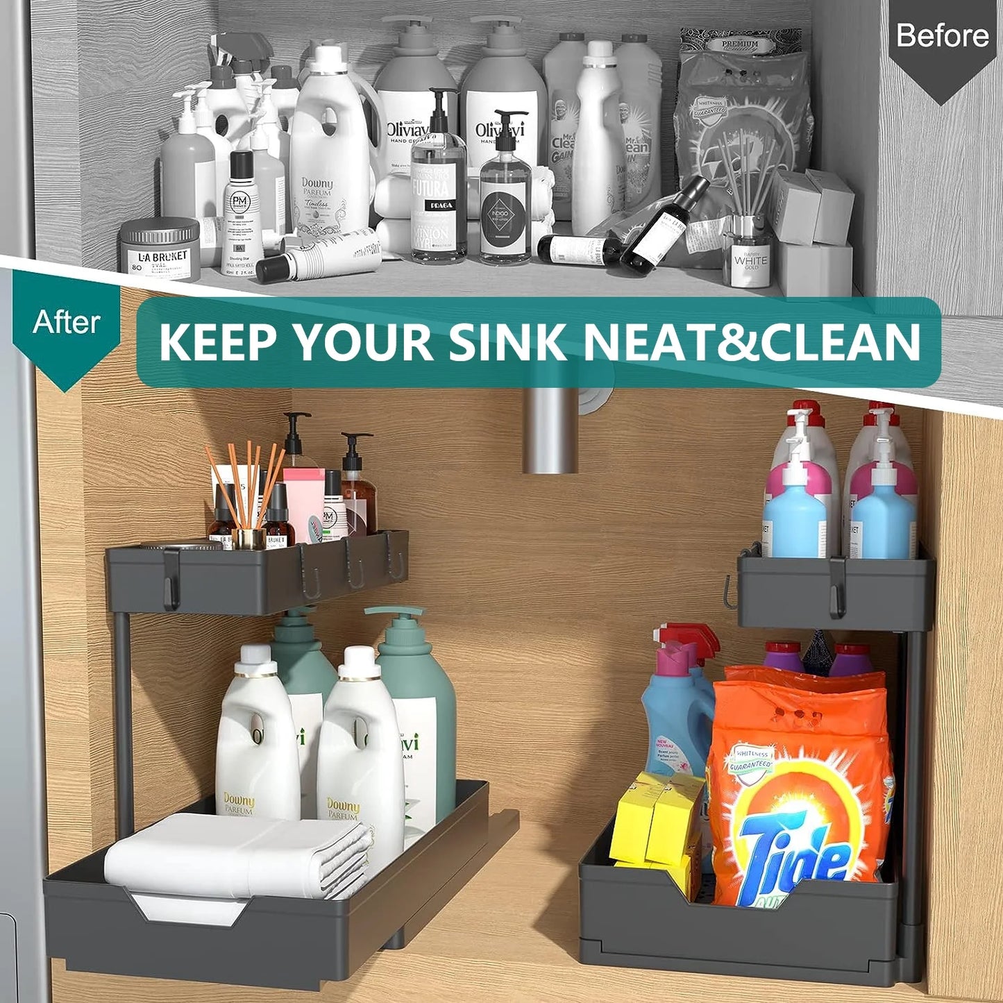 2-Pack Under Sink Organizer, 2-Tier Sliding Storage Drawers for Kitchen & Bathroom