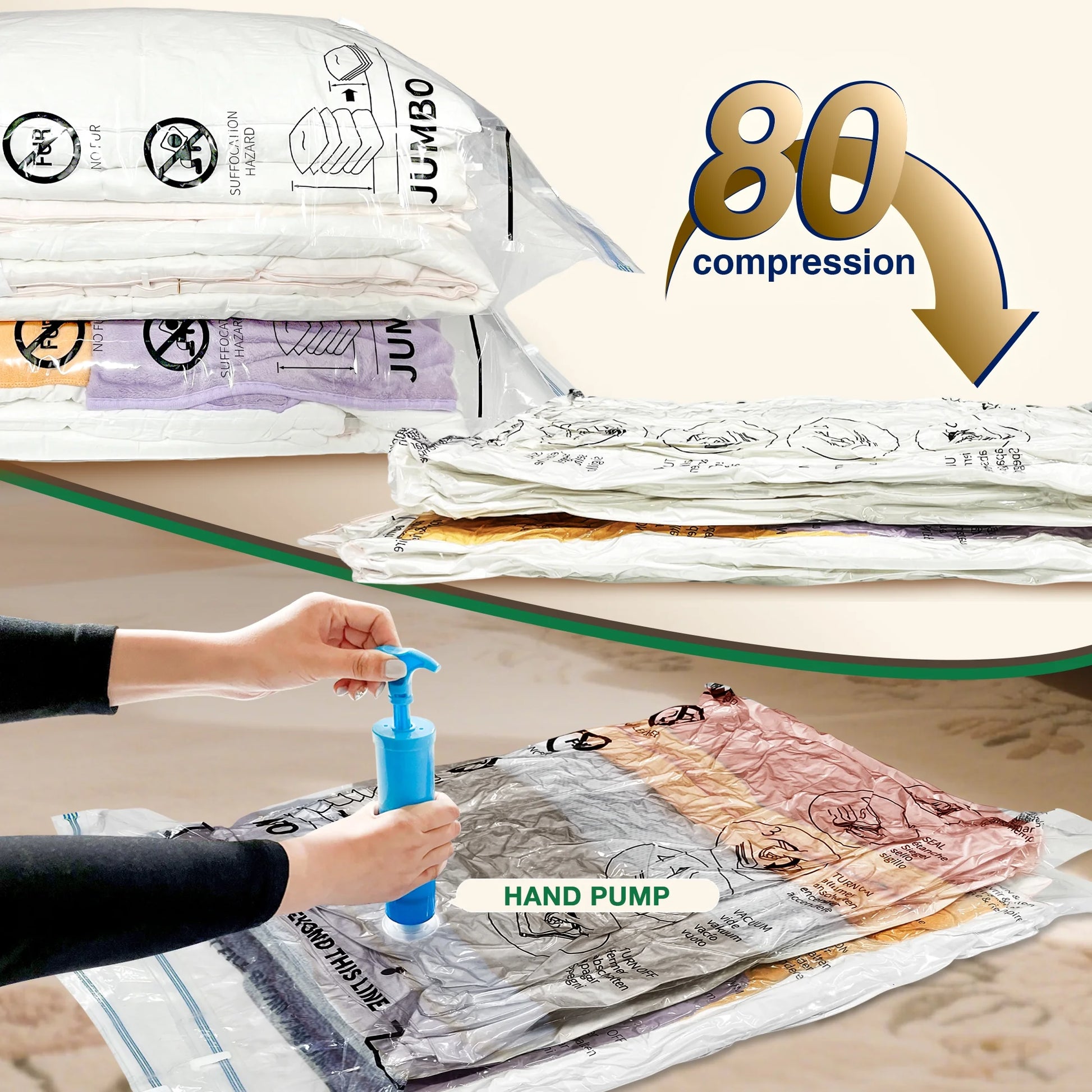 Transparent Vacuum Storage Bags, 20 Pack, Space Saver for Comforters, Blankets, Clothes, Hand Pump Included