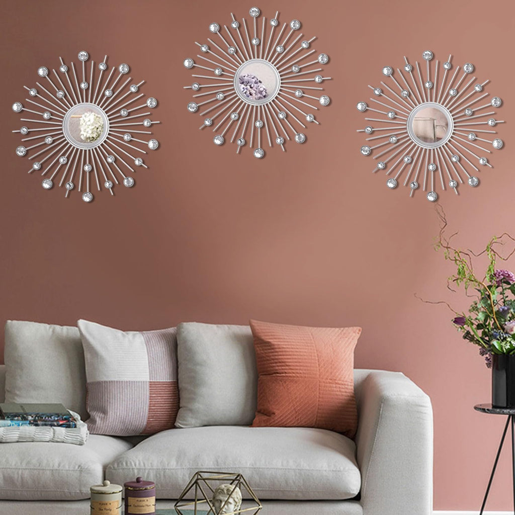 3-Pack Crystal Sunburst Wall Mirrors with Rhinestones, Silver Decorative Home Wall Art for Living Room, Bedroom & Entryway