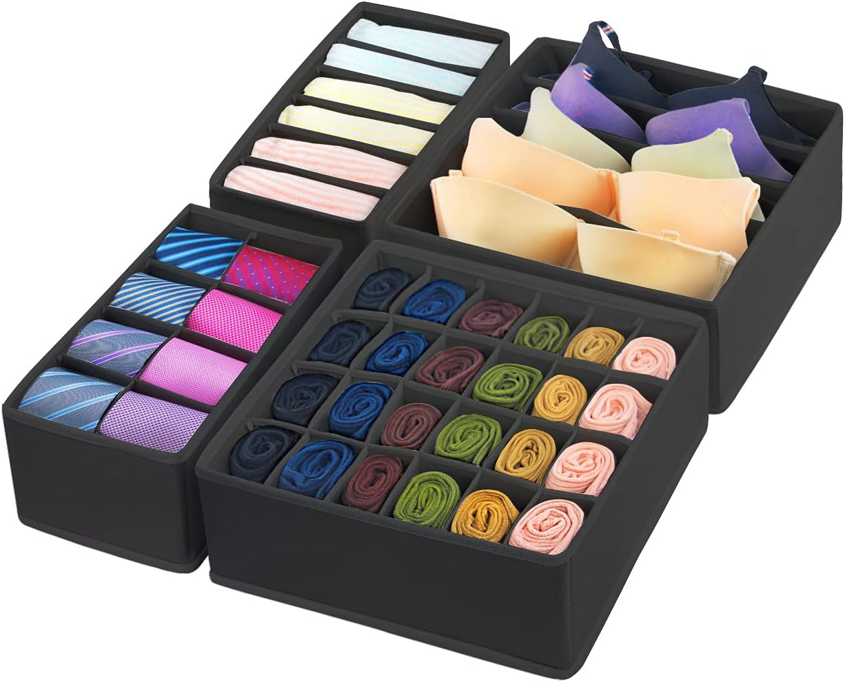 4 Pcs Underwear Drawer Organizers Divider, Closet Socks Organizer and Storage Boxes for Lingerie, Bra, Undies