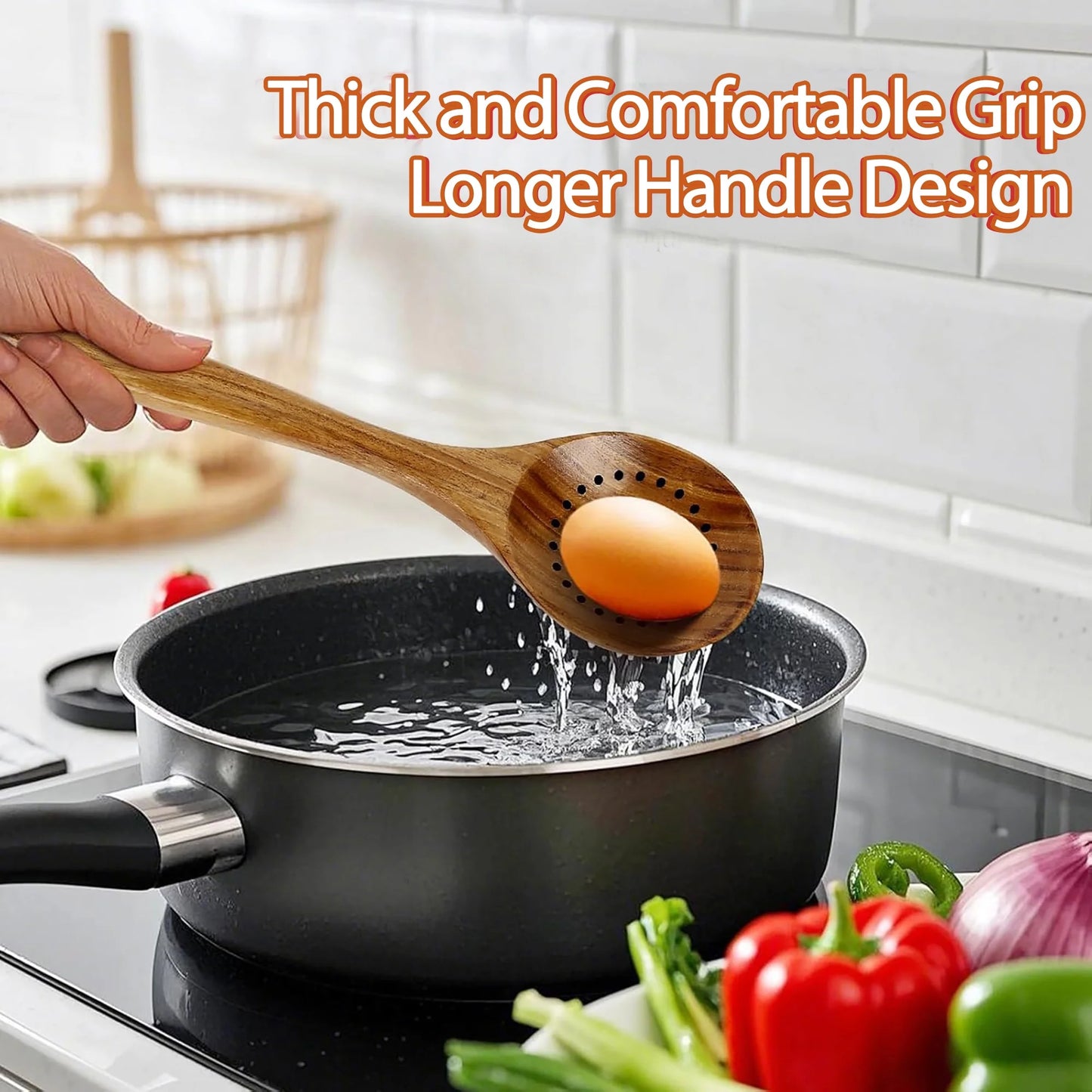 9-Piece Natural Teak Wooden Cooking Utensil Set with Holder & Spoon Rest, Safe for Nonstick Pans & Cookware