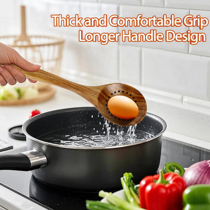 9-Piece Natural Teak Wooden Cooking Utensil Set with Holder & Spoon Rest, Safe for Nonstick Pans & Cookware