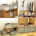 3-Pack Large Storage Basket Set, Trunk Organizer, Clothes Toys Bin, 15 X 10 X 10 Inches, Big Rectangular Canvas Fabric Collapsible Shelf Box with Handles, Stone Blue & Grey