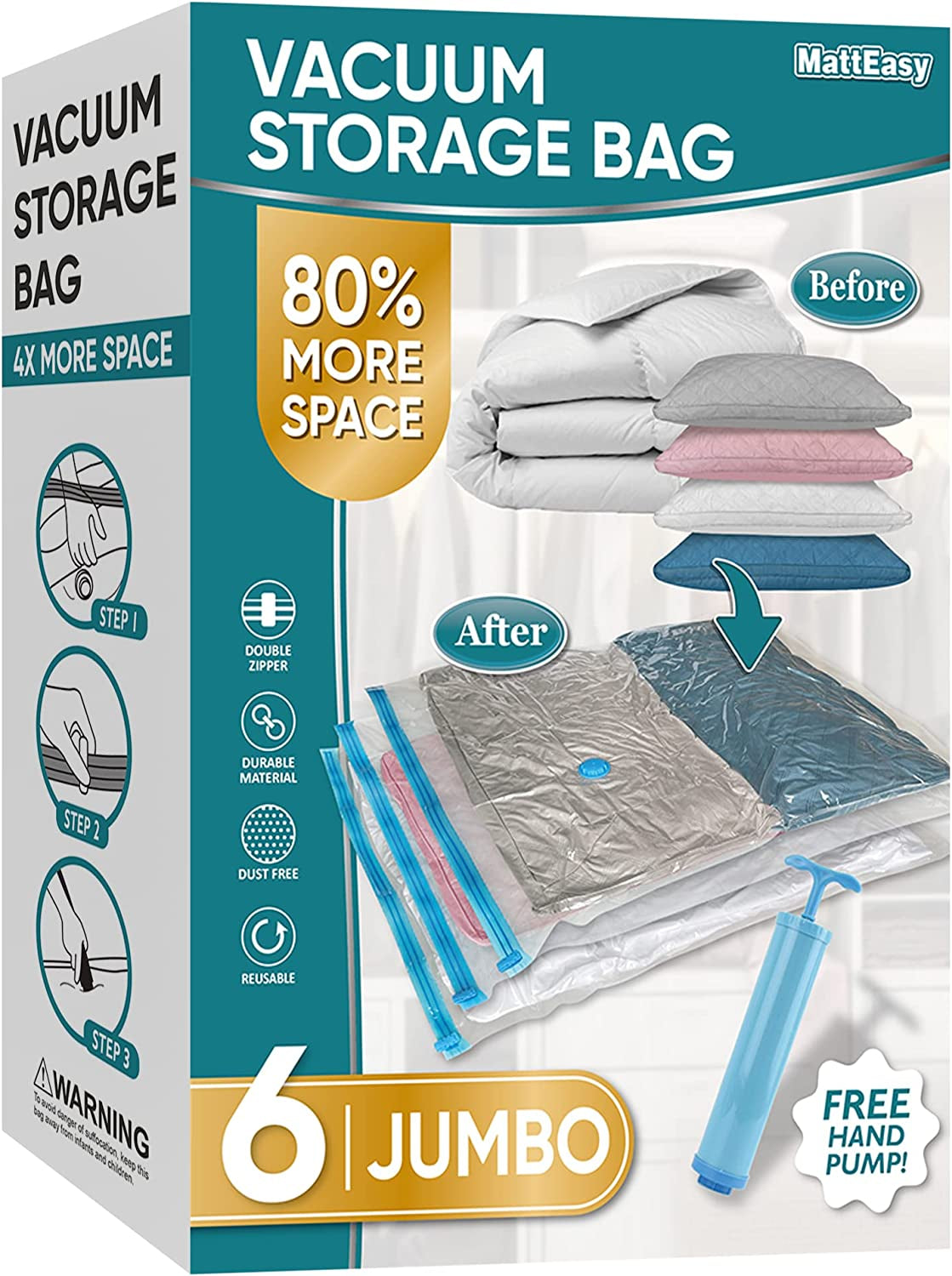 6-Pack Small Vacuum Storage Bags with Pump – Space Saver Bags for Clothes, Bedding, Blankets & Comforters