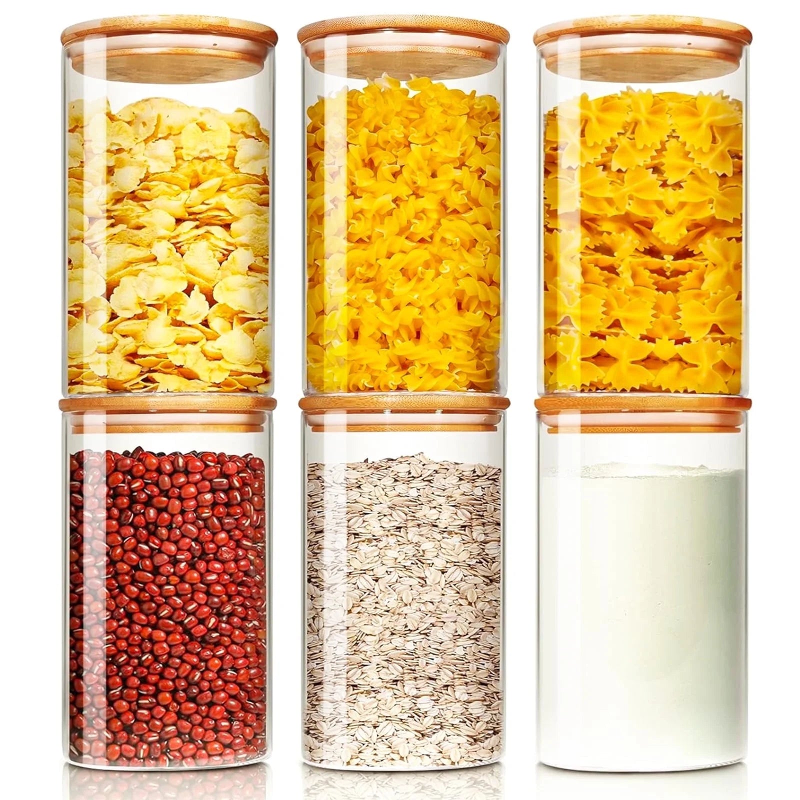 Glass Jar with Bamboo Lid: 6 Pack 25Oz Airtight Food Storage Containers, Kitchen and Pantry Organizer for Coffee, Sugar, Flour, Candy, Pasta, Cereal, Tea, Nuts, Cookie, Spice