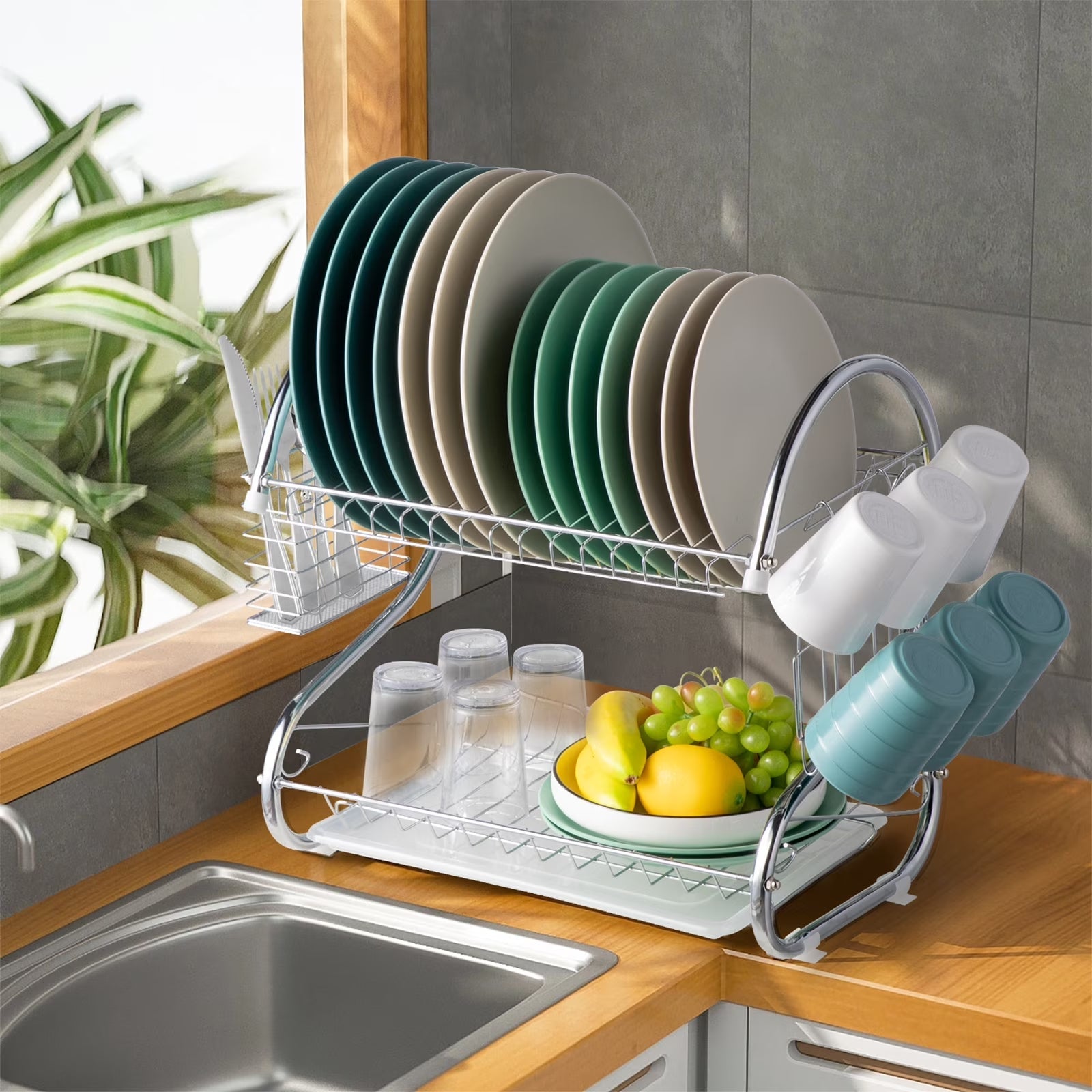 Kitchen Stainless Steel Dish Cup Drying Rack Holder 2-Tier Dish Rack Sink Drainer
