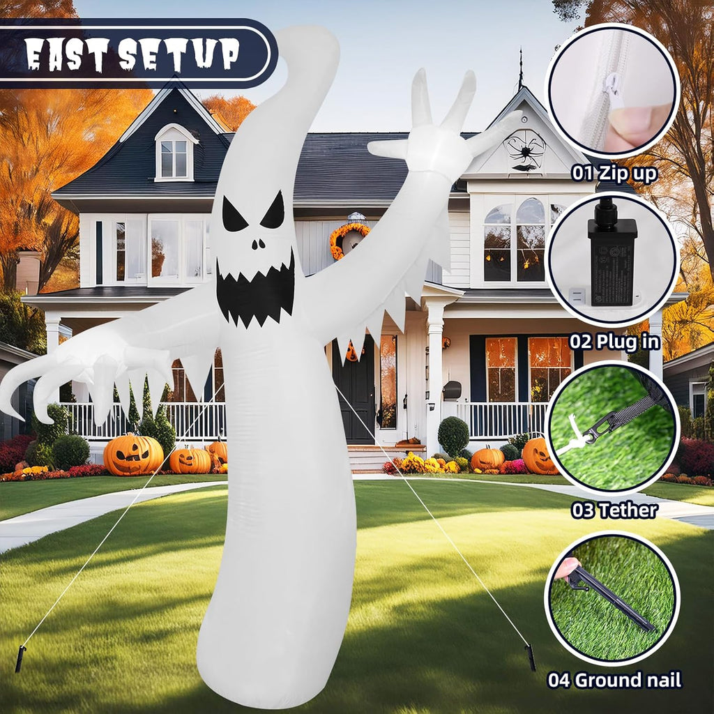 Large 8 FT ghost inflatable decoration displayed in a Halloween yard setting