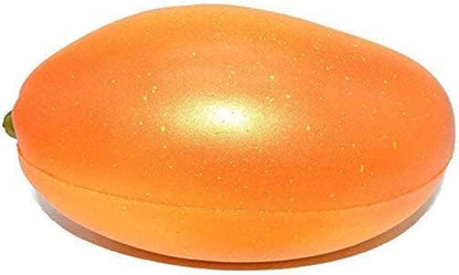 Oversized mango squeeze toy with soft texture and fruity mango scent