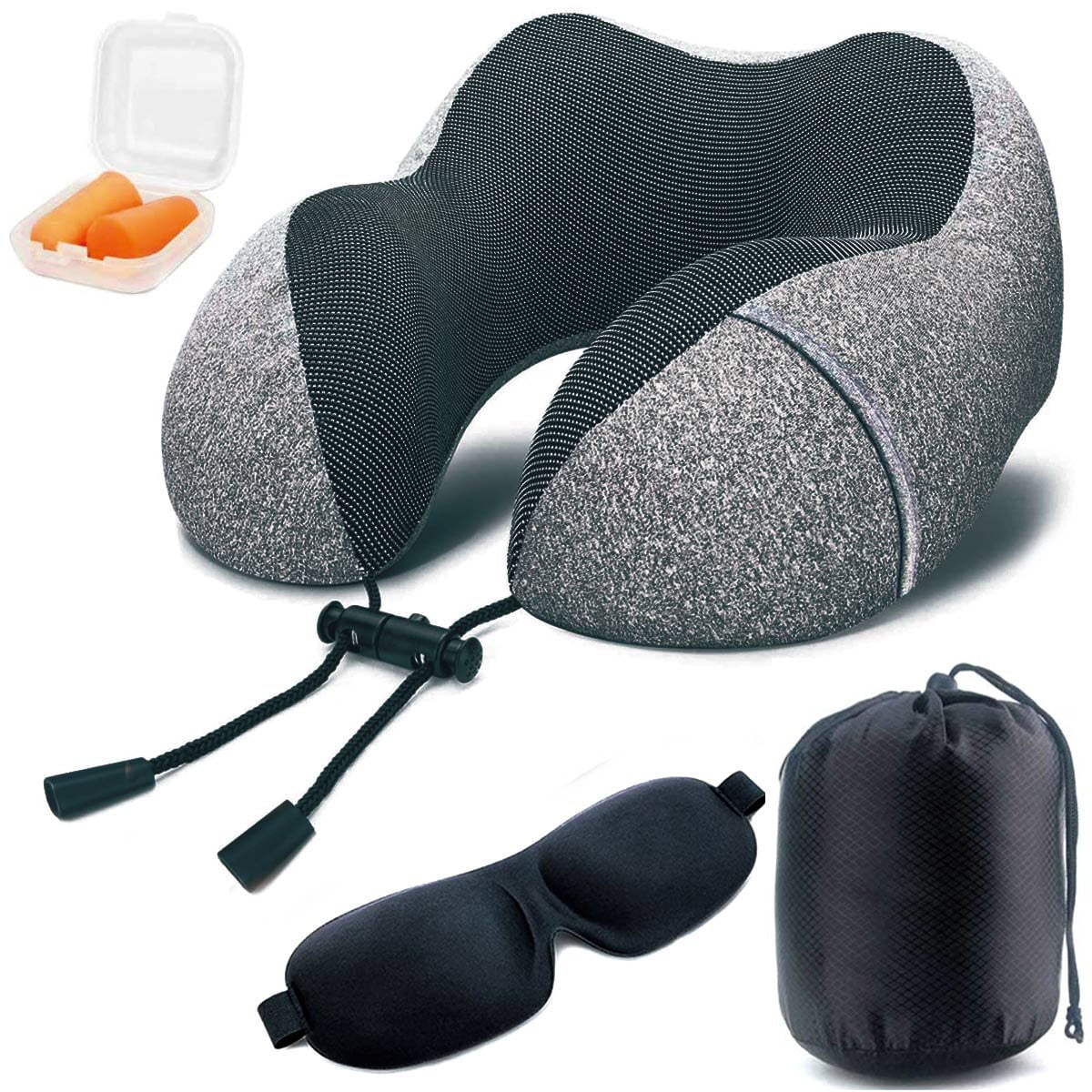 Memory Foam Travel Neck Pillow – U-Shaped Support with 3D Contoured Eye Mask, Earplugs & Travel Bag