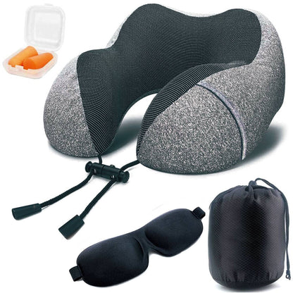 Memory Foam Travel Neck Pillow – U-Shaped Support with 3D Contoured Eye Mask, Earplugs & Travel Bag