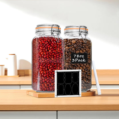 3-Pack 78oz Glass Jars with Airtight Lids, Large Clear Food Storage Canisters with Labels for Flour, Sugar, Pasta, Coffee & Cereals
