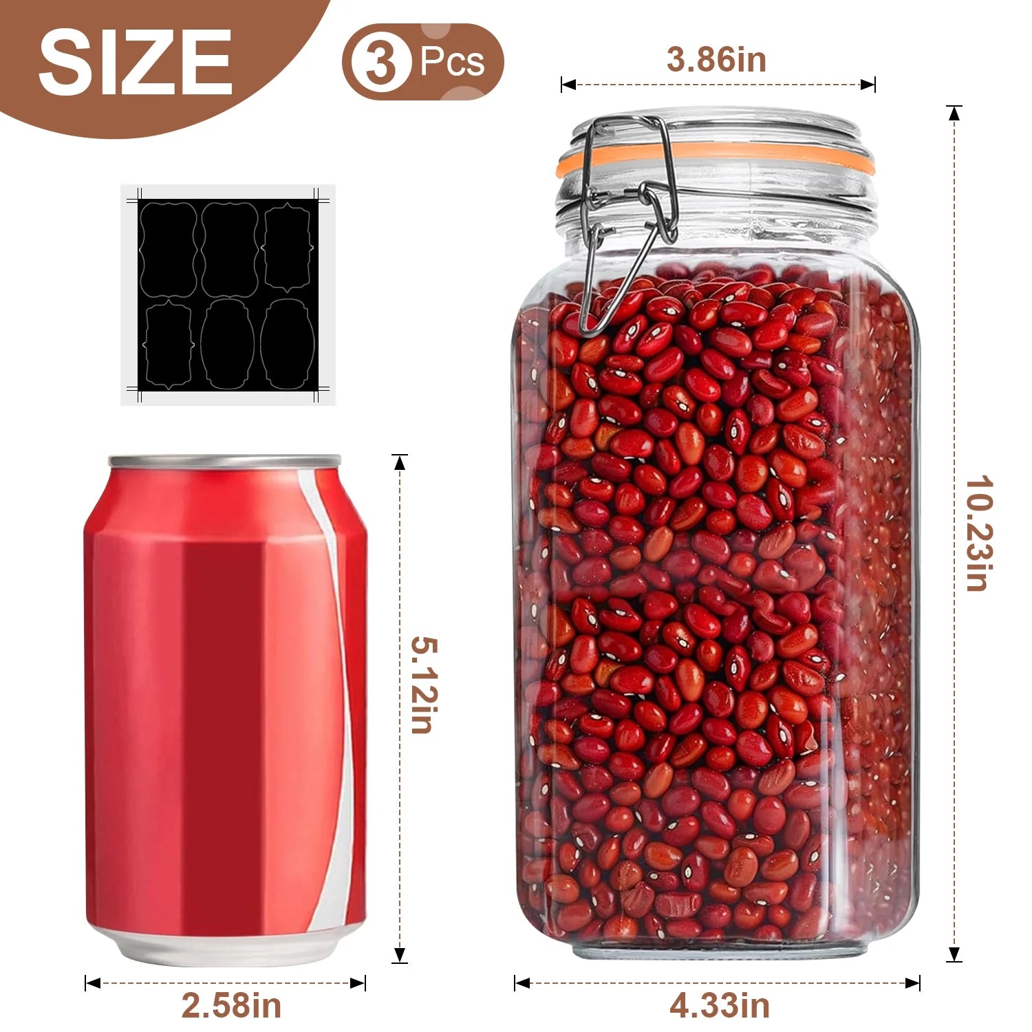 3-Pack 78oz Glass Jars with Airtight Lids, Large Clear Food Storage Canisters with Labels for Flour, Sugar, Pasta, Coffee & Cereals