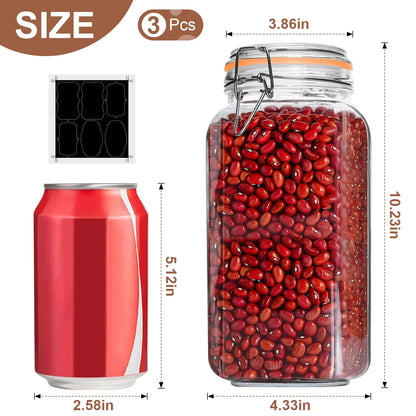3-Pack 78oz Glass Jars with Airtight Lids, Large Clear Food Storage Canisters with Labels for Flour, Sugar, Pasta, Coffee & Cereals