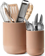 Set of 2 Ceramic Kitchen Utensil Holders, Large Modern Countertop Crocks for Spatulas & Cooking Tools, White (7.3" & 5.4")
