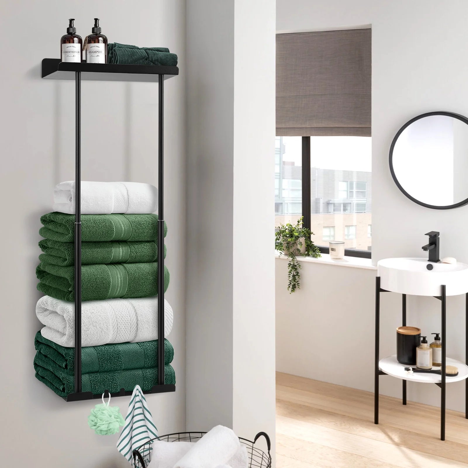 Wall-Mounted Bathroom Towel Rack for Rolled & Folded Towels, Metal Towel Holder, Black