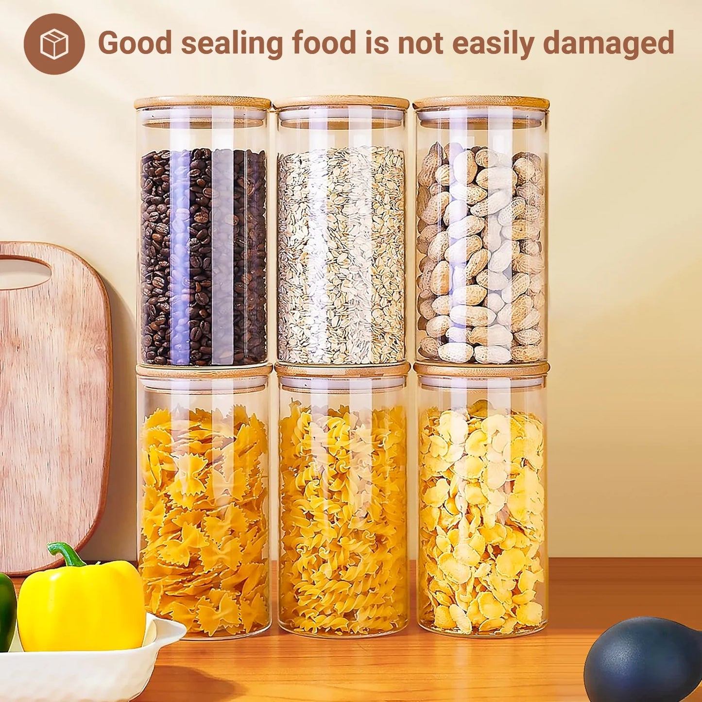 Glass Jar with Bamboo Lid: 6 Pack 25Oz Airtight Food Storage Containers, Kitchen and Pantry Organizer for Coffee, Sugar, Flour, Candy, Pasta, Cereal, Tea, Nuts, Cookie, Spice