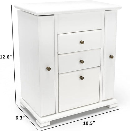 Rustic Wooden Jewelry Box for Women, 4-Layer Organizer with Mirror for Rings, Earrings, Necklaces & Bracelets, White