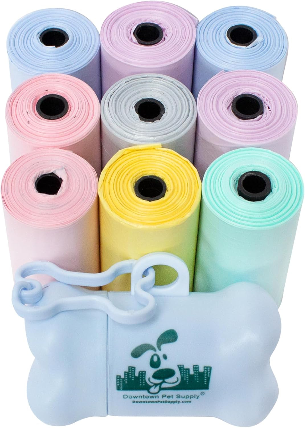 Colorful paw print poop bags for dog walking and outdoor pet cleanup
