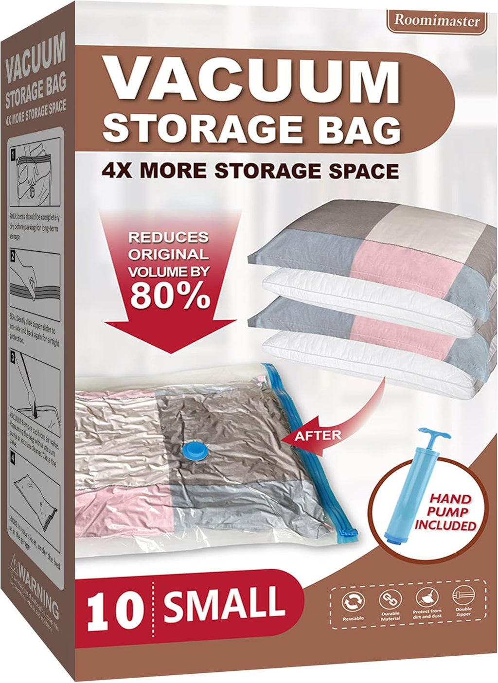 10 Large Vacuum Storage Bags with Hand Pump – Space Saver Bags for Clothes, Blankets, Comforters & Travel Luggage