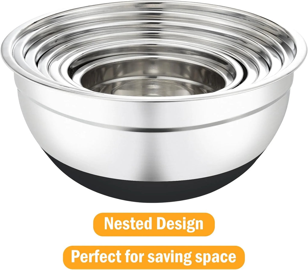 16 Pieces Mixing Bowls with Lids Set, 3 Grater Attachments, Non-Slip Silicone Base Stainless Steel Mixing Bowl Set, Sizes 4.5, 4, 3.5, 2.1, 1.5, 1.1, 0.7 Qt for Kitchen, Black