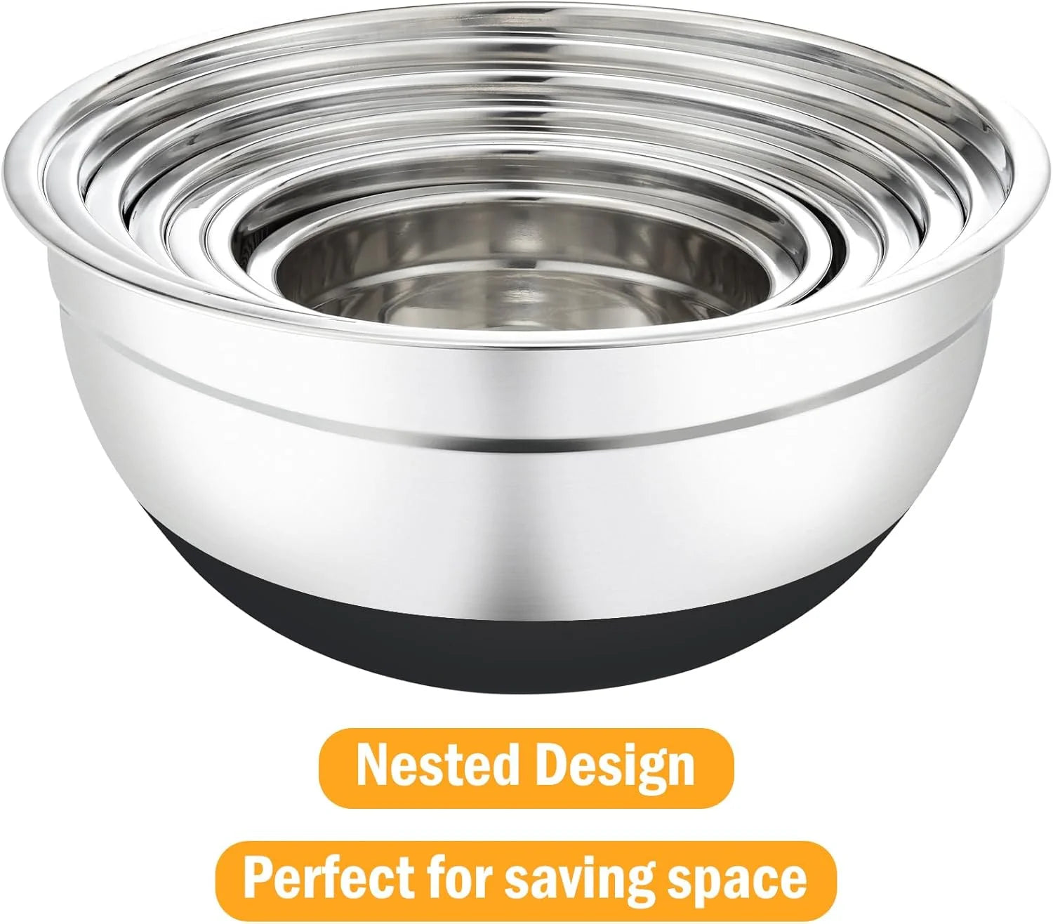 16 Pieces Mixing Bowls with Lids Set, 3 Grater Attachments, Non-Slip Silicone Base Stainless Steel Mixing Bowl Set, Sizes 4.5, 4, 3.5, 2.1, 1.5, 1.1, 0.7 Qt for Kitchen, Black