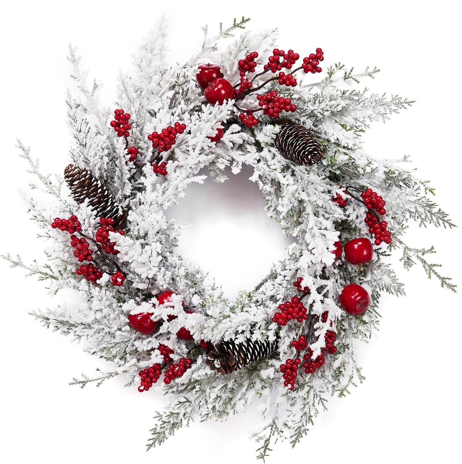  Snow Flocked Christmas Wreath with Red Apples & Pine Cones – Indoor/Outdoor Holiday Decoration